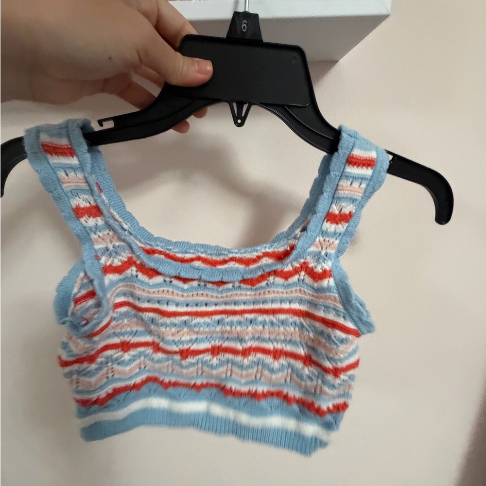 Blue Striped Crochet Crop Tank Top